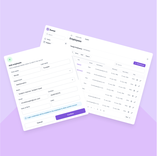 Zumar simplifies HR operations by automating staff records management, attendance tracking, payroll processing, and performance evaluations, ensuring smooth and efficient HR workflows.